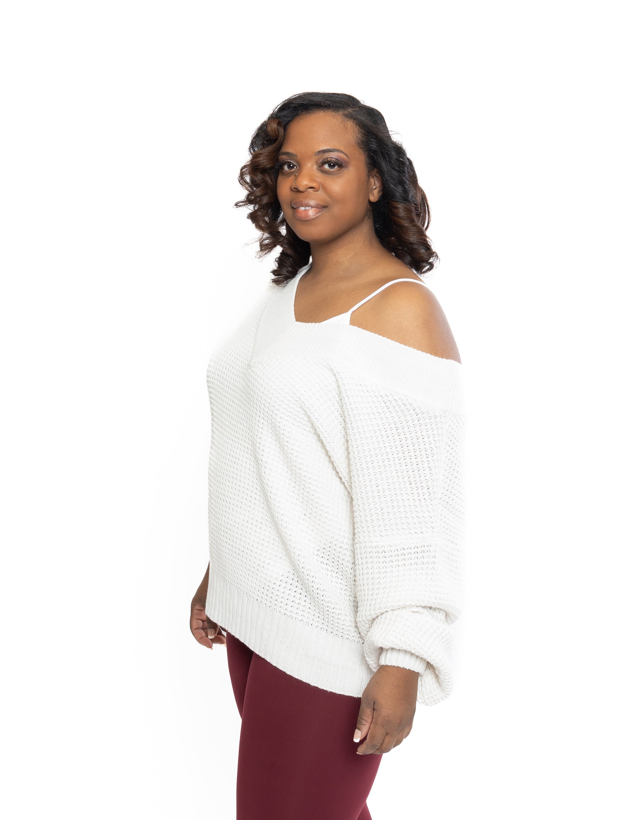 Plus Chunky V-Neck Waffle Knit Sweater